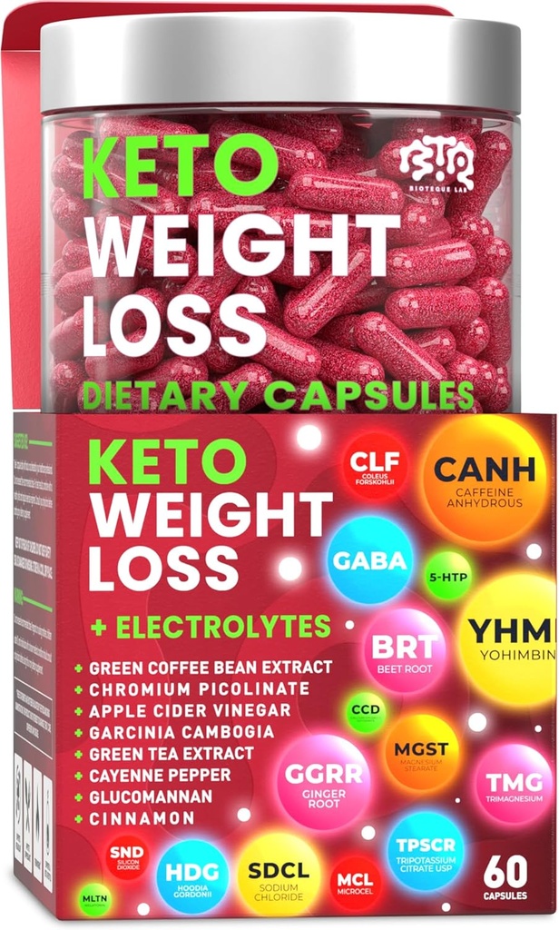 Keto vægttab kost piller, Natural Appetite Suppressant, Fat Burner for kvinder og mænd med Apple Cider, Green Coffee Bean Extract, Curb Cravings & Hunger, Metabolisme Booster supplement - 60 kapsler