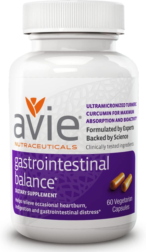 Avie NUTRACEUTICALS Gastrointestinal balance Curcumin Supplement (60 Kapsler) - 124; Gluten med lakrids Root & Magnesium for Heartburn, Acid Reflux, & fordøjelsesbesvær Relief - Gluten Free, GMP- Certified