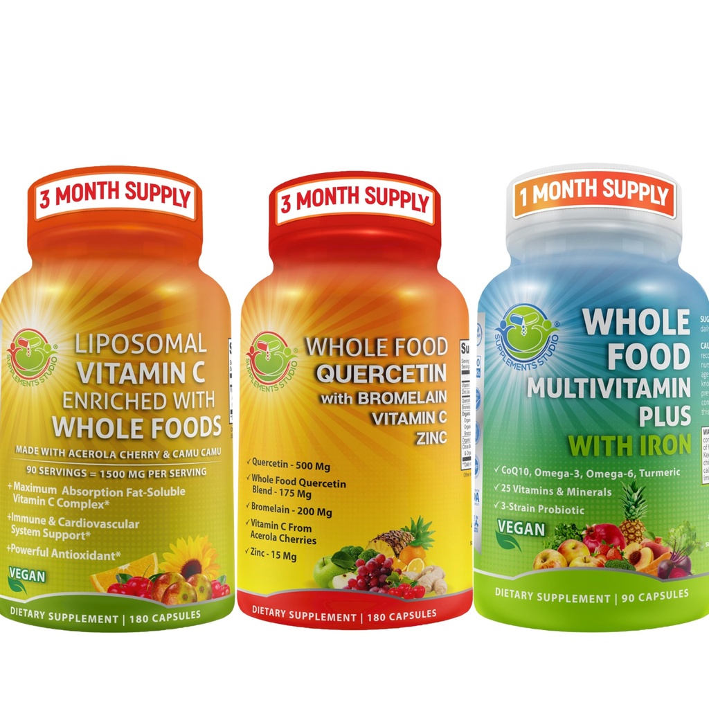 Komplet daglige vitaminer - Quercetin med bromelain Supplement Bundle Up med Multivitamin Plus til mænd og kvinder med jern og liposomal C-vitamin flydende gel - for immunforsvar, luftveje, fordøjelsesstøtte