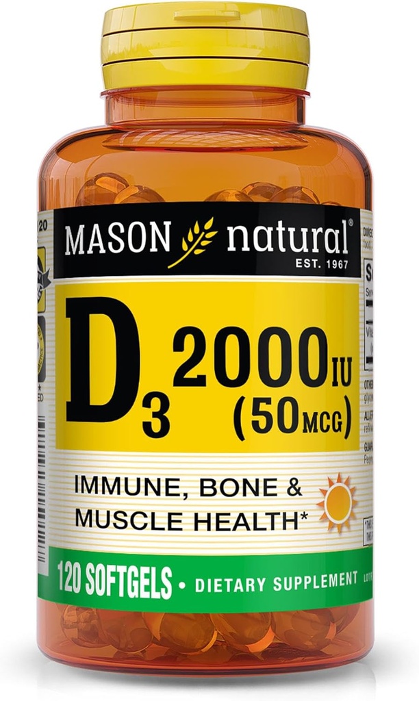 MASON NATURAL Vitamin D3 2000 IE Ultra Styrke, Understøtter Knogletæthed, Styrke og immunforsvar, 120 Softgels