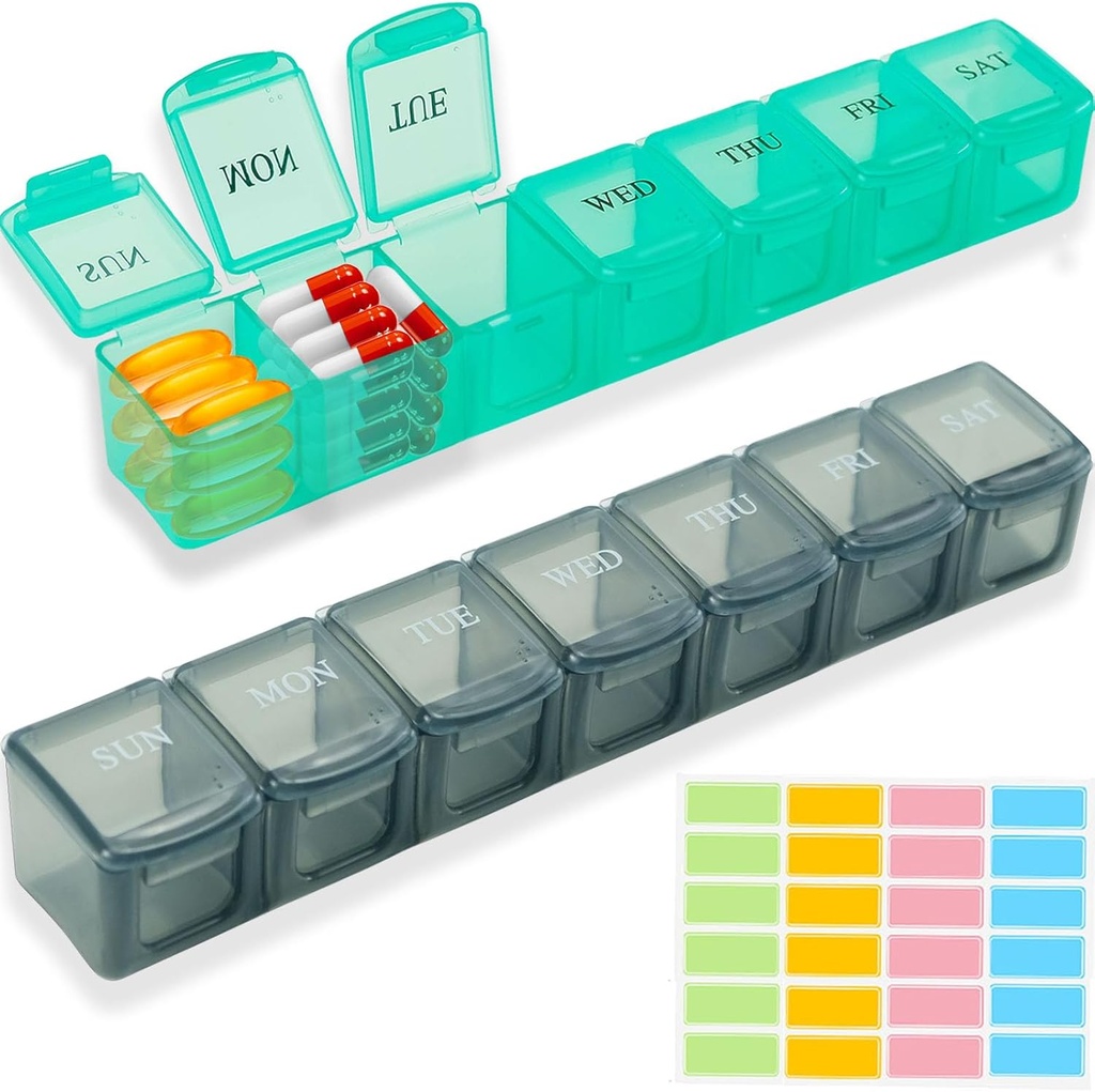 Stor Ugentlig Pill Organizer 7 Dag, 2 Pack Travel Daily Pill Box Container med etiket, BPA- Gratis Vitamin Dispenser XL Pill Cases Organizer, AM PM Medicine Holder for Fish Oil Kosttilskud