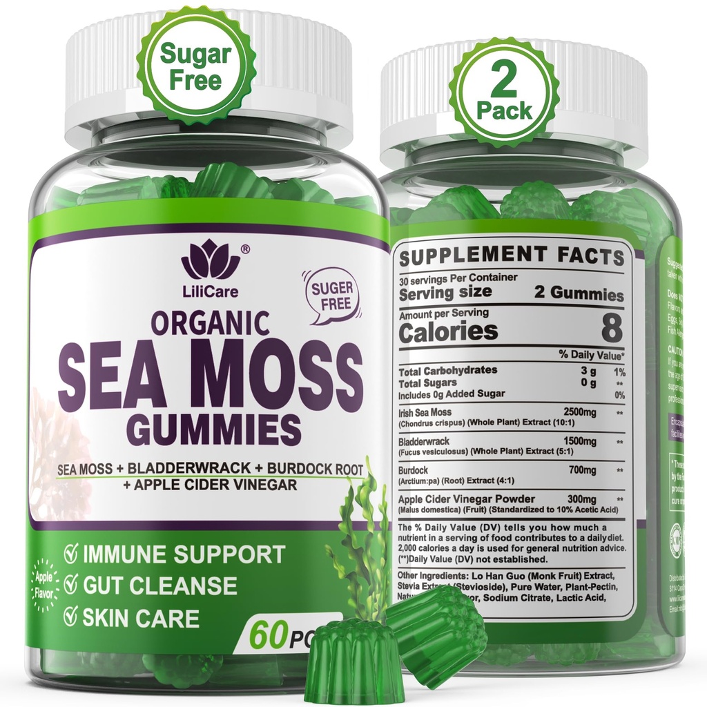 (2 Pack) Sea Moss Gummies - Irish Sea Moss Gummies for Adults & Kids - Advanced Superfood Seamoss Supplement + Bladderwrack, Burdock Root Extract，ACV for Daily Immune, Gut Cleanse, Vegan, Sugar Free