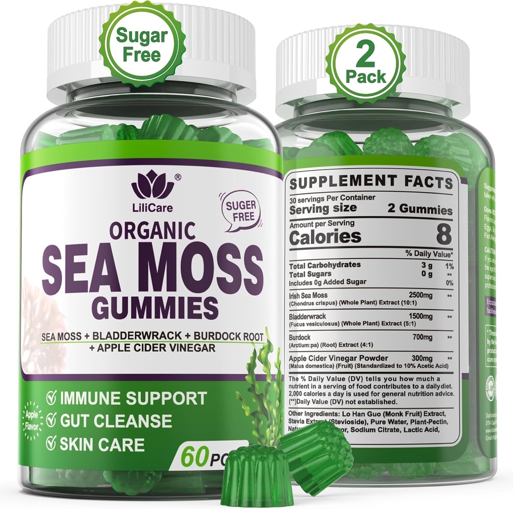 (2 Pack) Sea Moss Gummies - Irish Sea Moss Gummies for voksne & Kids - Advanced Superfood Seamoss Supplement med Organic Bladerwrack & Burdock Root Extract ACV for Daily immun, Gut Cleanse, Vegan