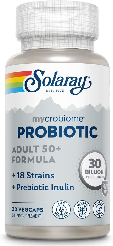 SOLARAY Mycrobiome Probiotic Voksen 50 Plus Formel, Probiotika for kvinder og mænd, sund fordøjelse, Metabolisme, energi, kolon og urinveje støtte, 30 Millioner CFU, 30 Servere, 30 VegCaps