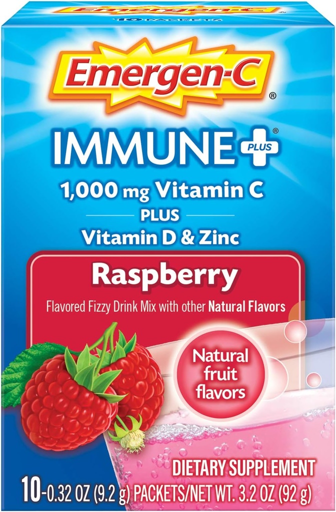 Emergen- C Immun + vitamin C 1000mg pulver, Plus D-vitamin og zink (Raspberry Flavor), immuntilskud Kosttilskud Fizzy Drink Mix, Antioxidanter & Elektrolytter, 0,32 Ounce (Pack of 10)