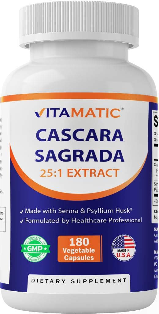Vitamatisk Cascara Sagrada Lavet med Senna & Psyllium Husk - 180 Veg kapsler - Koncentreret 25X potens - Alle naturlige - ikke-GMO