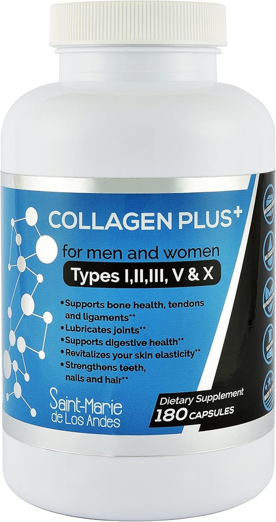 Multi Collagen piller Plus + 180 kapsler (type I, II, III, V & X) + Absorption Enhancer (3 Måneders Tilgang) - Non- GMO, Collagen Kosttilskud til støtte hår, hud, negle, joints, & Gut sundhed