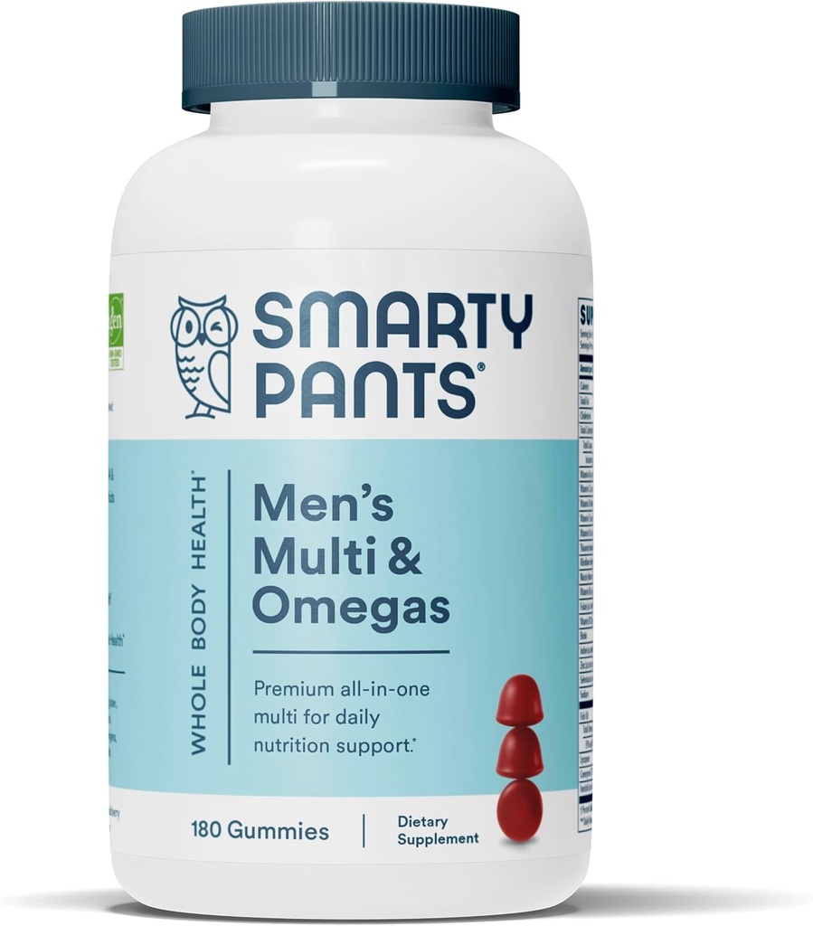 SmartyPants Multivitamin til mænd, Gummies: Omega 3 Fiskeolie (EPA / DHA), Methylfolat, CoQ10, D3-vitamin, C, vitamin B12, B6, A, K & Zink til immunforsvar, Biotin, 180 Gummies (30 dages forsyning)