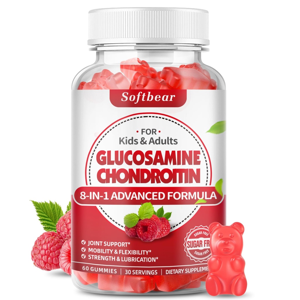 softbear Glucosamin Chondroitin Gummies, Sugar Free Glucosamin Chondroitin MSM Supplement med hyldebær gurkemeje Understøtter fælles sundhed & antioxidant, hindbær smag 60 Greve