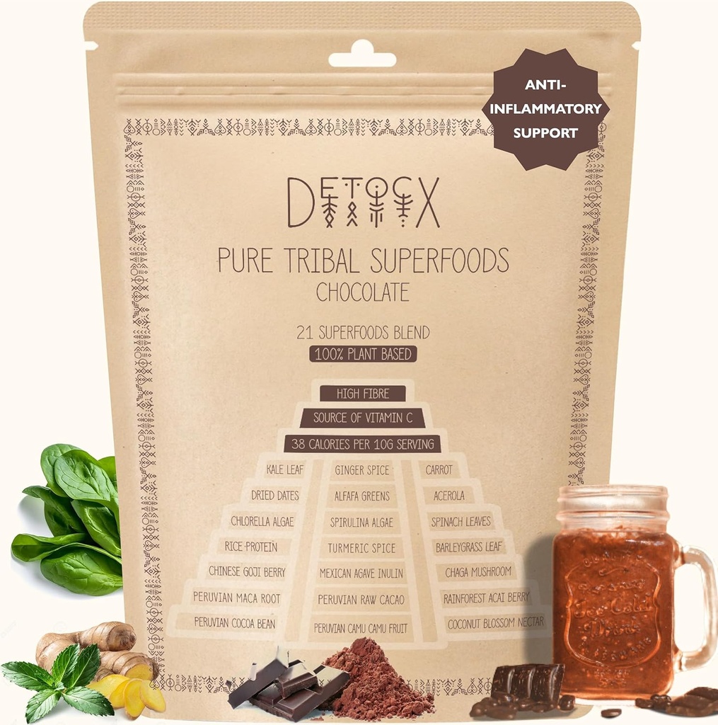 21 Supergreens Powder 124; Chokolade 124; Energi Beeg 124; Forstoppelse 124; Superfoodcause 124; Organic, Probiotic, Prebiotic, Fibre, Vitamin, Minerials