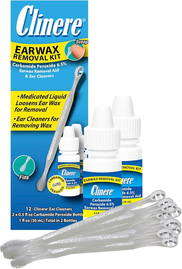 Clinere Earwax Removal Kit, Sikker og blid ren Øre Wax, Itch Relief, værker Straks .5oz Carbamid Peroxid, 2 x .5 Fl Oz med 12 sticks