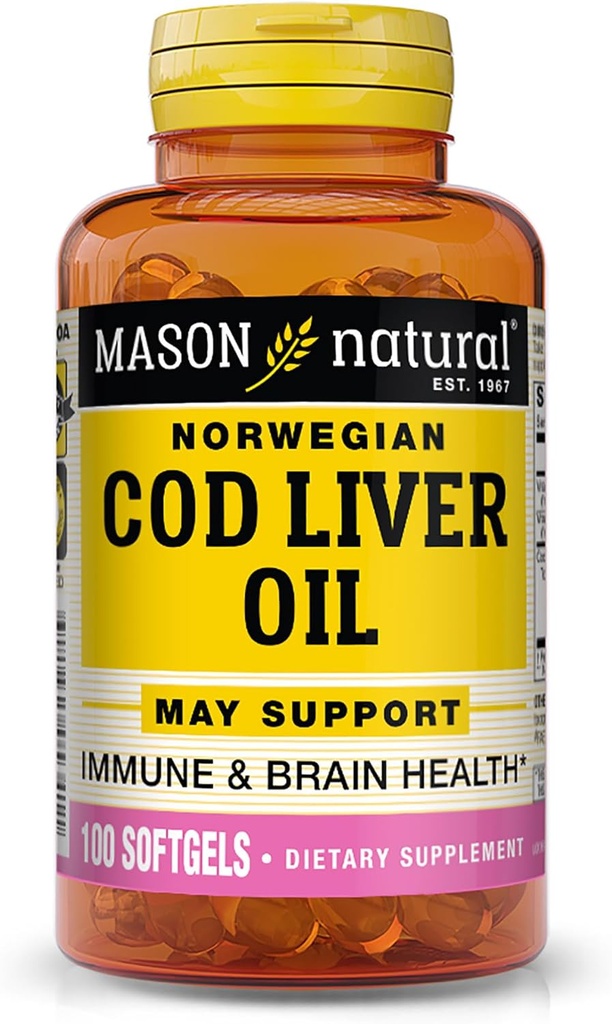 MASON NATURAL Cod Lever Oil Plus vitamin A & D3 - Sund hjerte og hjerne funktion, Forbedret immunitet, Understøtter samlet sundhed, 100 Softgels
