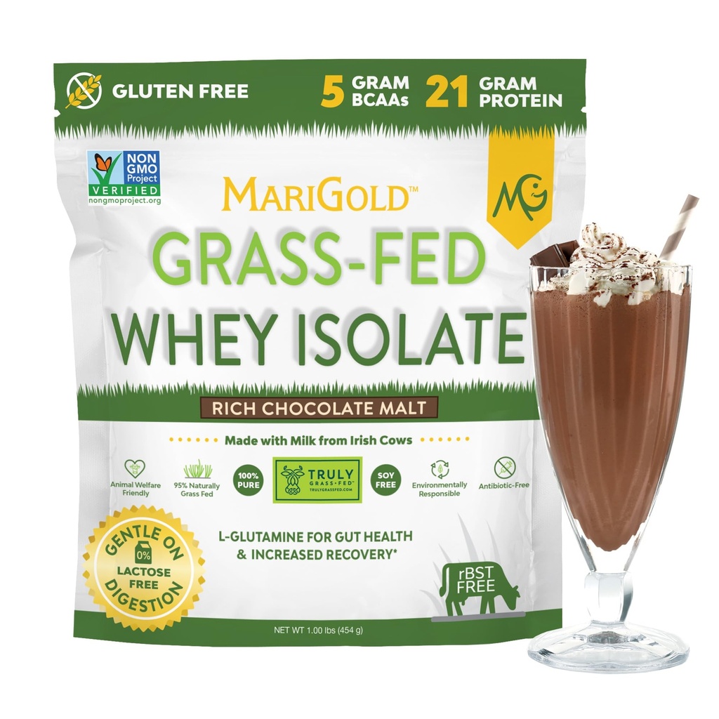 MariGold Grass- fodret Whey Protein Isolate Powder - Rich Chocolate Malt Flavor - 1 Lb Shavor 124; 100% Ren, Cold- Forarbejdede, Mikro- Filtreret, Ikke denatureret, Non- GMO, rBGH Free, Soy Free, Gluten Free, Lactose Free