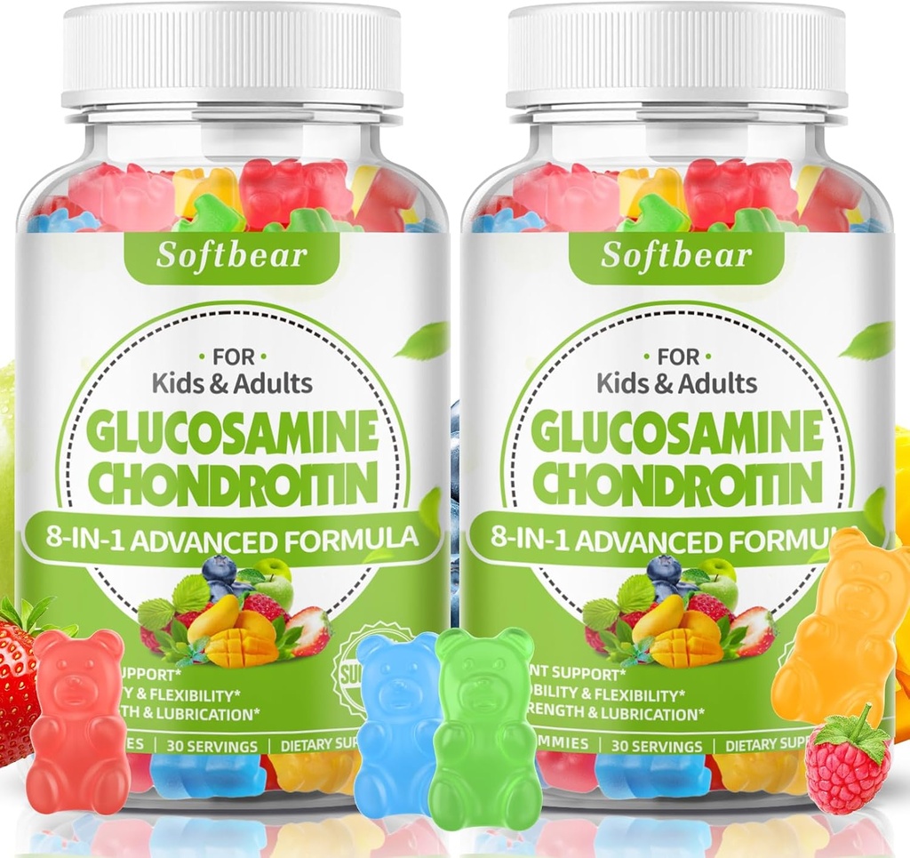 softbear Glucosamine Chondroitin Gummies med MSM Triple Strength, Organic Chewable Glucosamine Chondroitin Supplement for fælles støtte Vegan blandet frugt flavor 120 Gummies