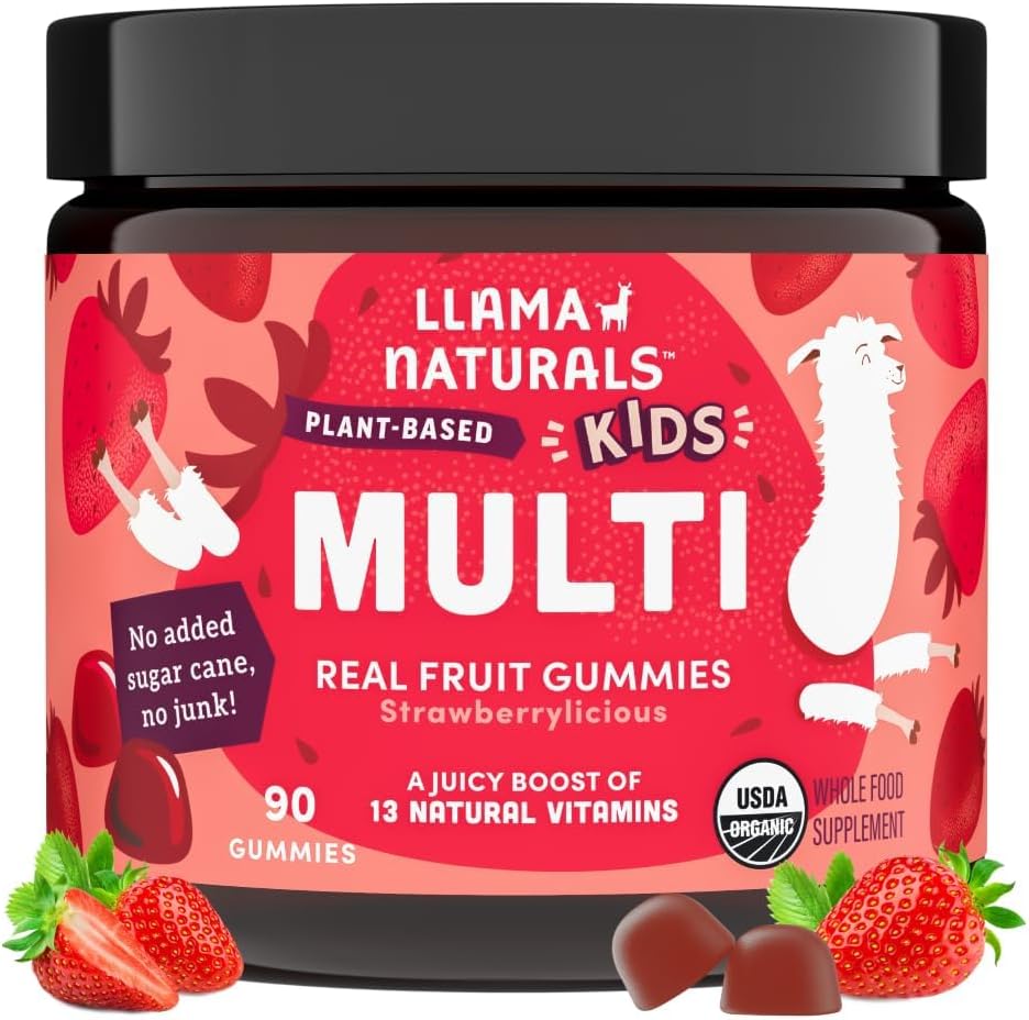 Llama Naturals Kids Multivitamin Gummies, Vegan, Økologisk med D-vitamin, C & K, Toddler Real Fruit Gummy Vitamin, Chewable Supplement, Hel Food Multivitamin, Ingen Tilføjet sukkerrør, Jordbær, 90 Ct