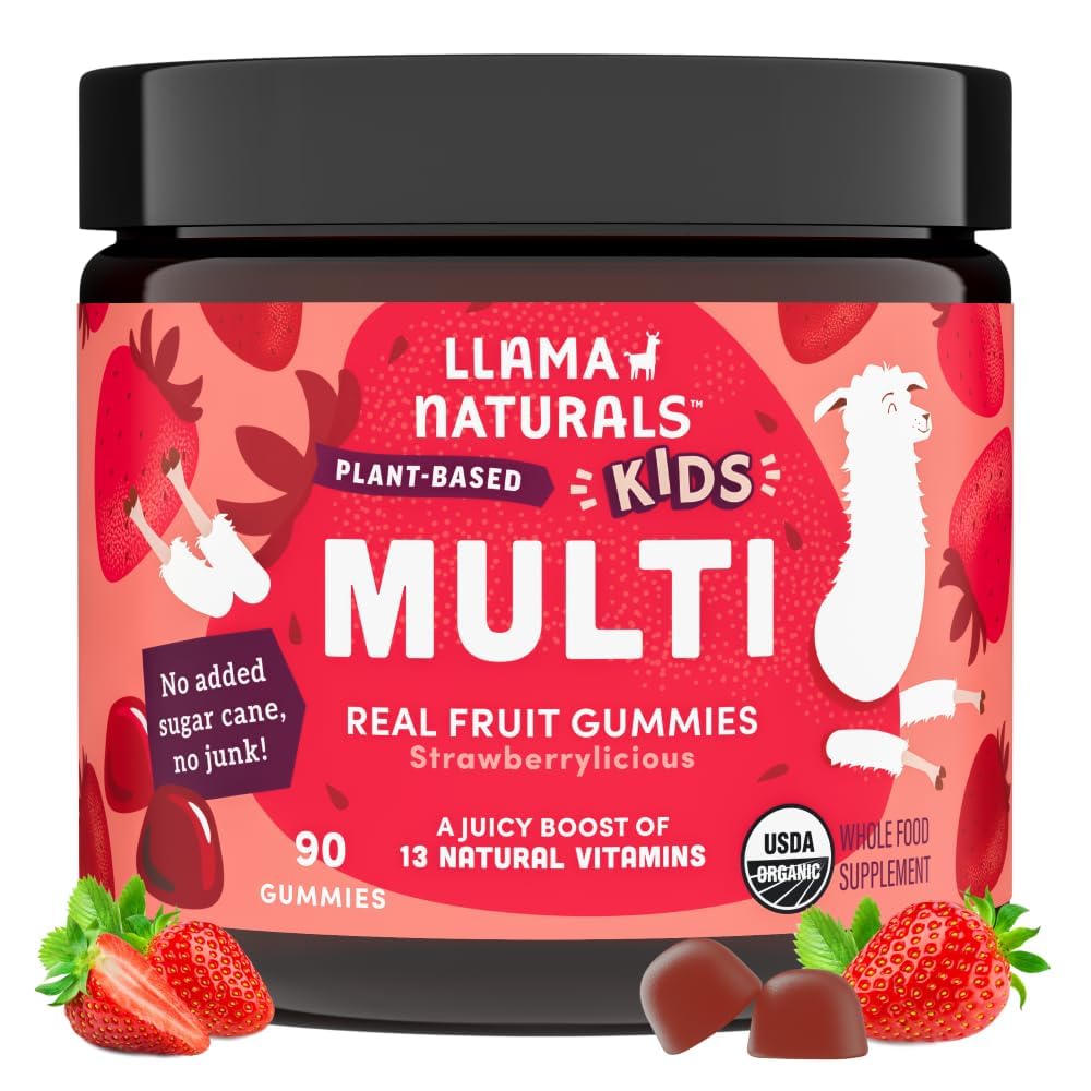 Llama Naturals Kids Multivitamin Gummies, Vegan, Økologisk med D-vitamin, C & K, Toddler Real Fruit Gummy Vitamin, Chewable Supplement, Hel Food Multivitamin, Ingen Tilføjet sukkerrør, Jordbær, 90 Ct