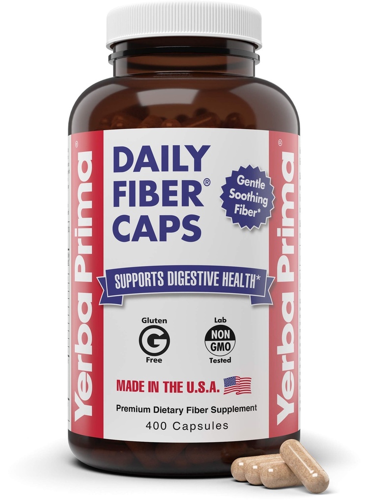 Yerba Prima Daily Fiber Caps Formel, 400 kapsler - både opløselige og uopløselige - med Psyllium Seed Husdyr, Acacia Gum, Apple Fiber og mere - Kosttilskud