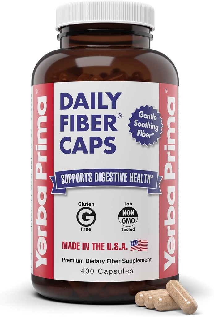 Yerba Prima Daily Fiber Caps Formel, 400 kapsler - både opløselige og uopløselige - med Psyllium Seed Husdyr, Acacia Gum, Apple Fiber og mere - Kosttilskud