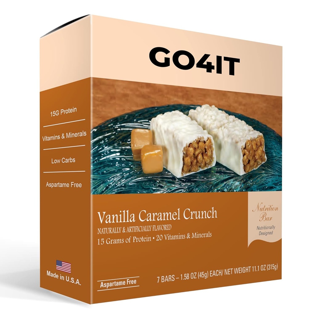 GO4IT Health Meal Erstatning Bar, HØJE Protein Nutrition Bar, HØJE Fiber, LOW Kalorier, KETO venlige, On- the- go, Vægttab Food Bar, 7 / Box - (Vanilla Caramel Crunch)