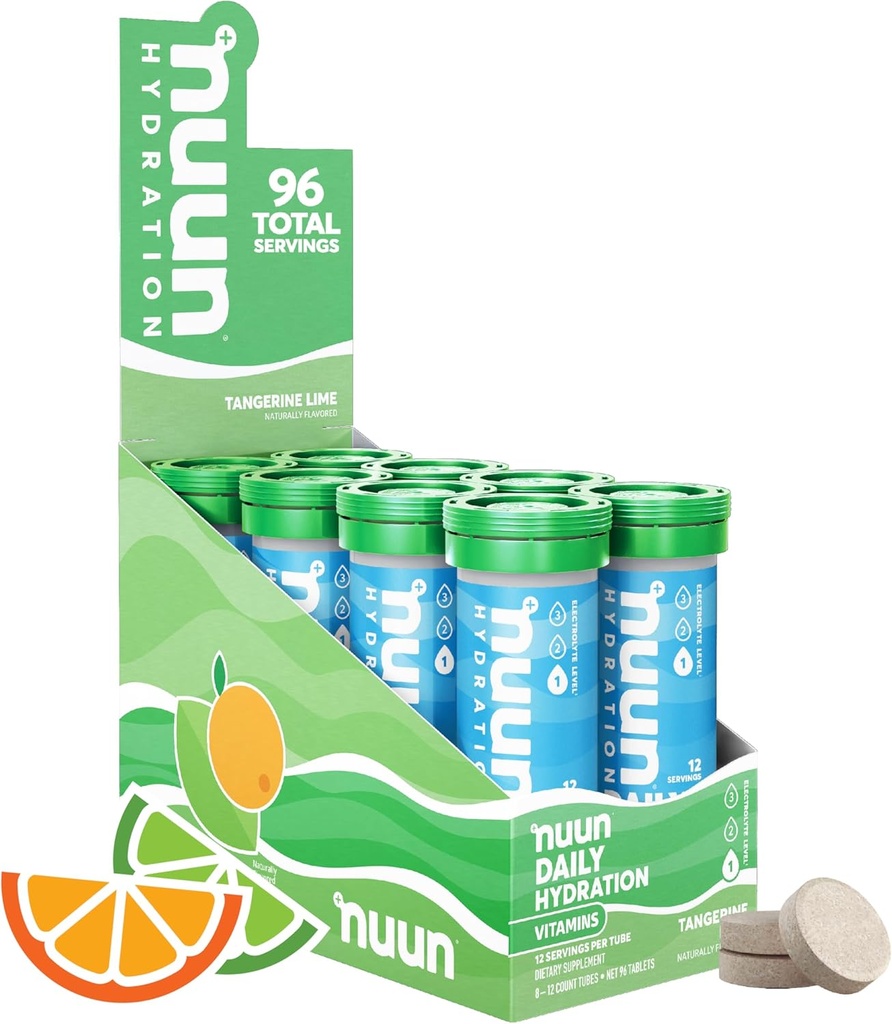 Nuun vitaminer Electrolyte tabletter med D-vitamin, C, E, A, & B6, folinsyre, Magnesium & 4 Andre essentielle elektrolytter, Gluten Free & Vegan, Tangerine Lime, 8 Pack (96 Servering i alt)
