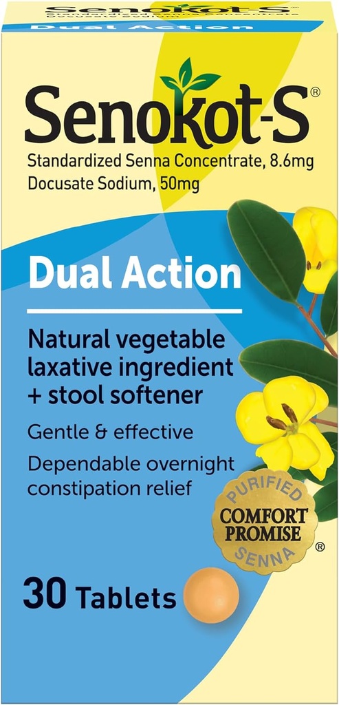 Senokot- S Dual Action Natural Vegetabilsk Laxative Ingredient Plus Afføringsmiddel Tabletter, Docusat Natrium, Senna Koncentrat, Gentle, Overnatning Relief from Occasional Constipation, 30 ct