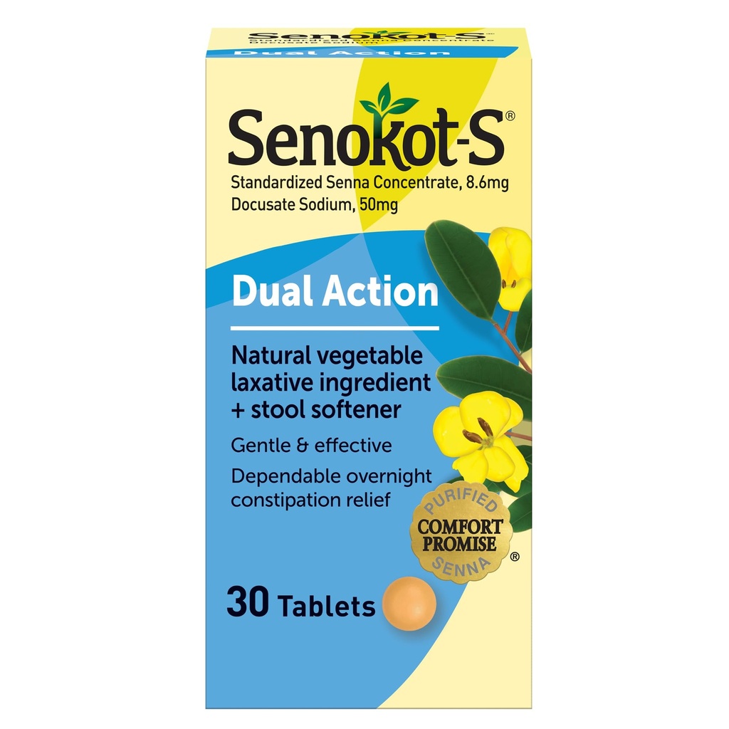 Senokot- S Dual Action Natural Vegetabilsk Laxative Ingredient Plus Afføringsmiddel Tabletter, Docusat Natrium, Senna Koncentrat, Gentle, Overnatning Relief from Occasional Constipation, 30 ct