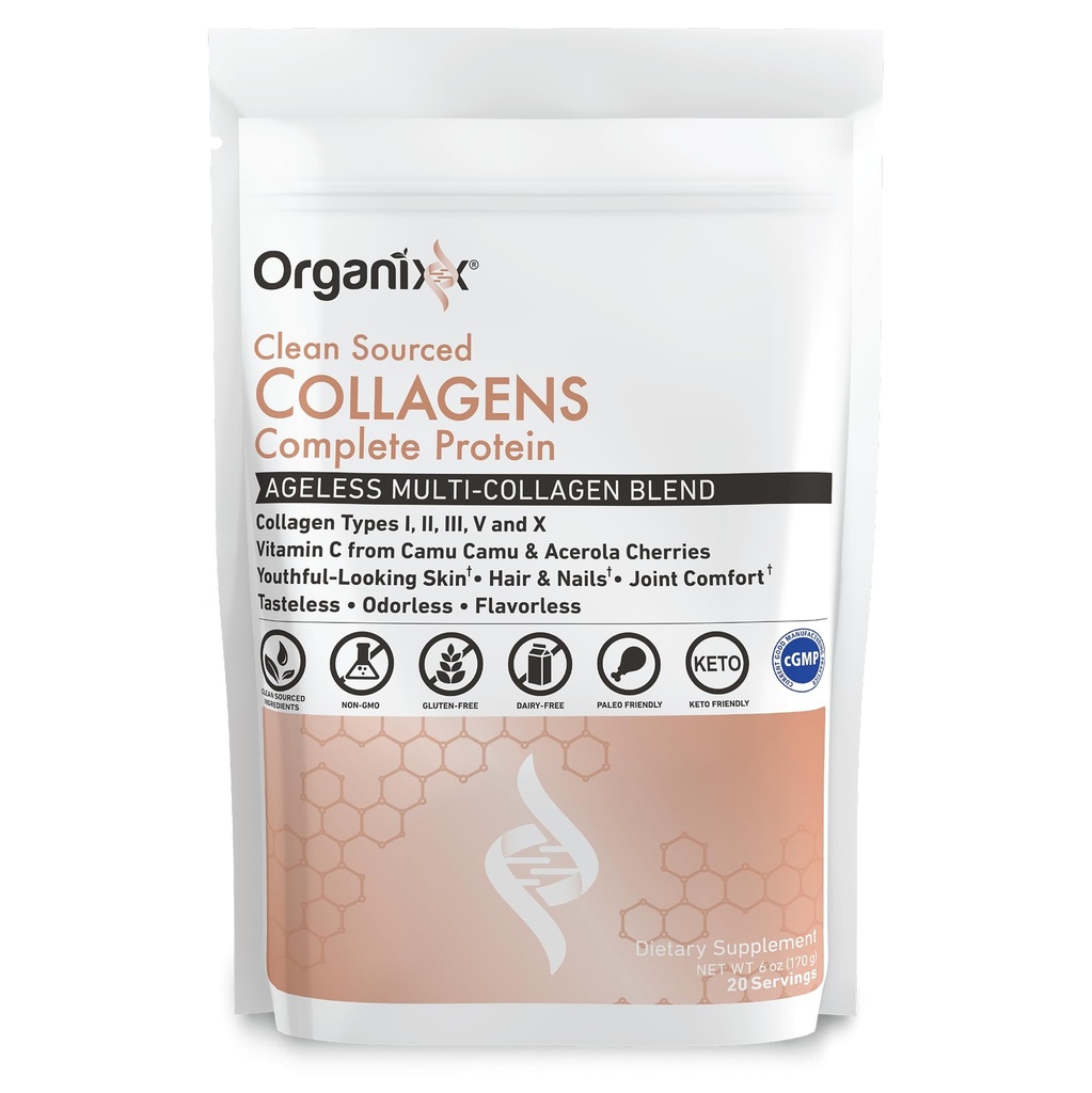 Organixx Clean Sourced Collagen Peptides Powder with Vitamin C, Types I, II, III, V, X Hydrolyzed Collagen, Hair, Nail, Skin, Bone & Joint Health, Aging Support, Gluten Free, Unflavored, 20 Servings