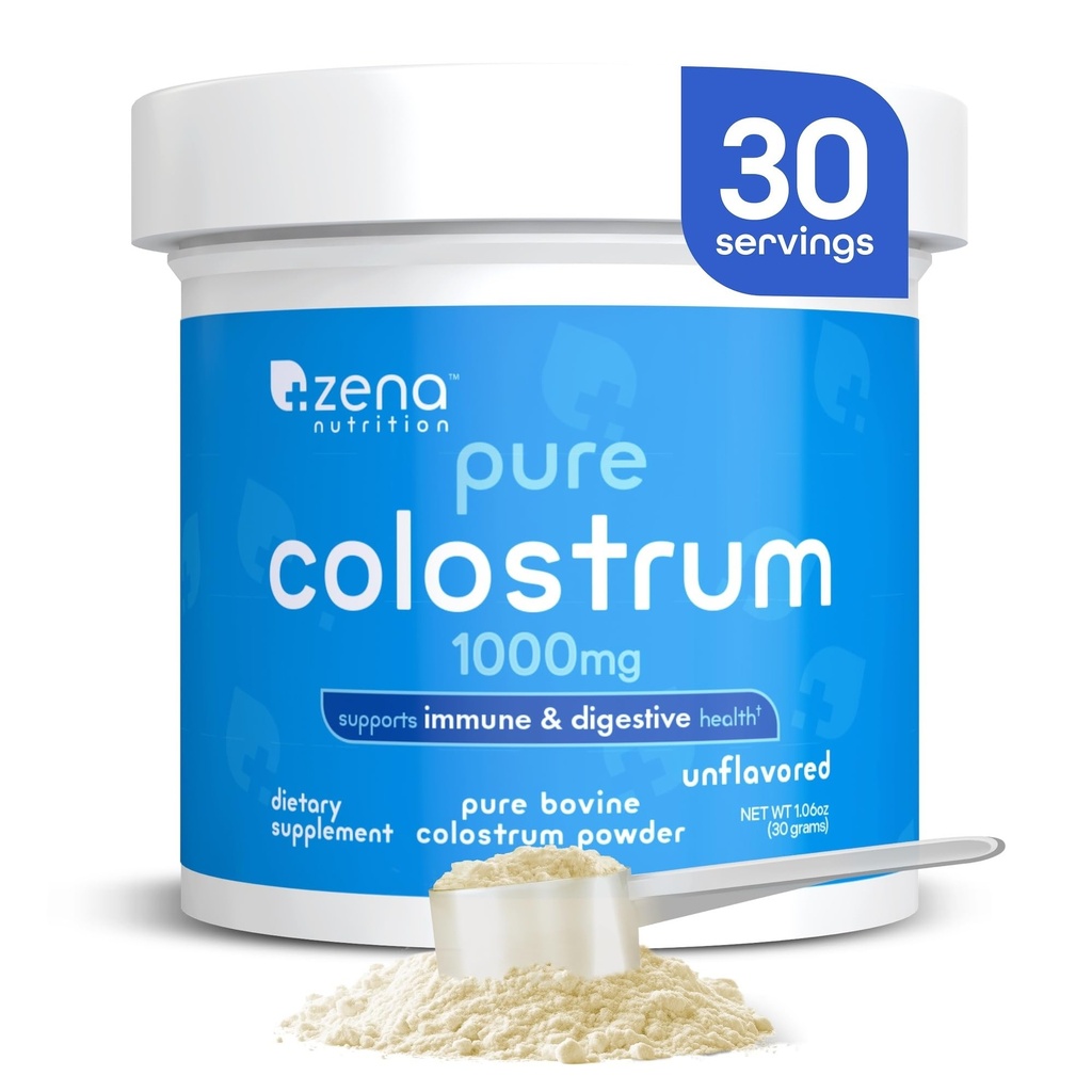 Zena Nutrition Bovine Colostrum Powder Supplement, 1000mg Pure Colostrum, understøtter immunforsvar og fordøjelsessygdomme, fremmer Gut Health, Keto, Gluten Free, Fat Free, Grass Fed, Unflavored, 30 Servere