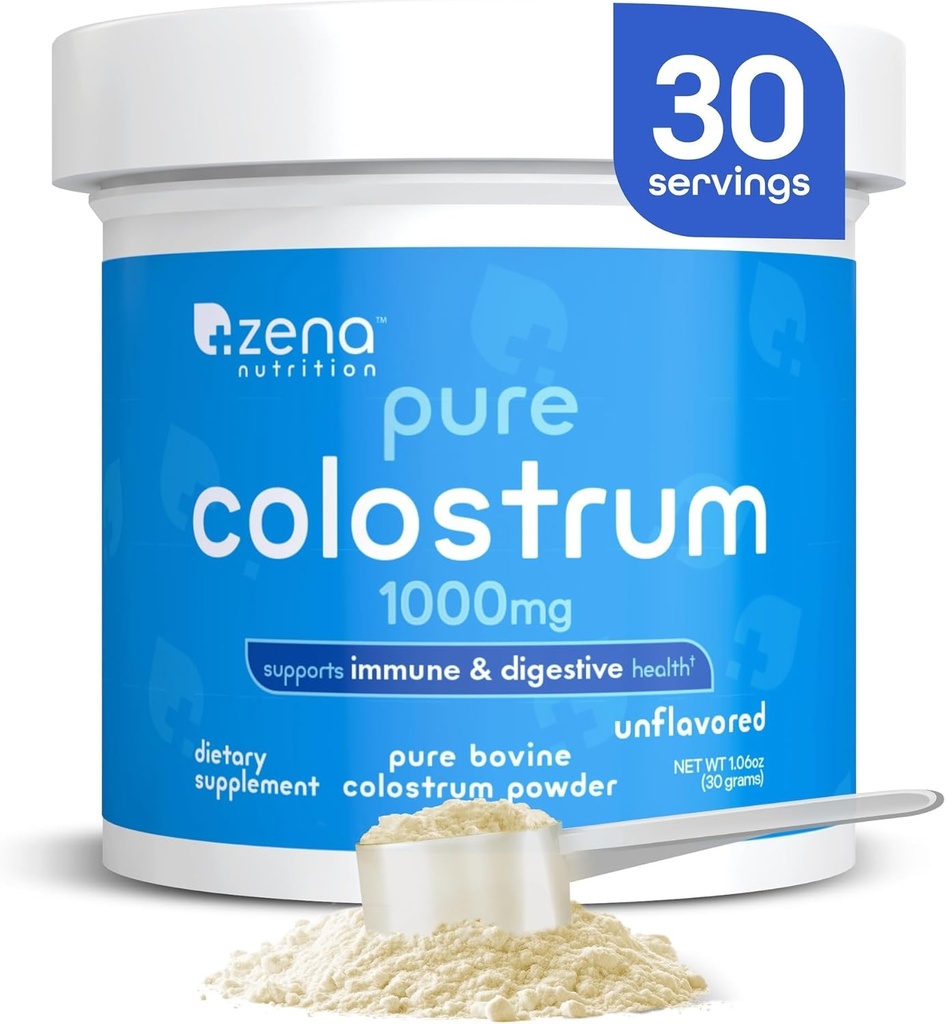 Zena Nutrition Bovine Colostrum Powder Supplement, 1000mg Pure Colostrum, understøtter immunforsvar og fordøjelsessygdomme, fremmer Gut Health, Keto, Gluten Free, Fat Free, Grass Fed, Unflavored, 30 Servere