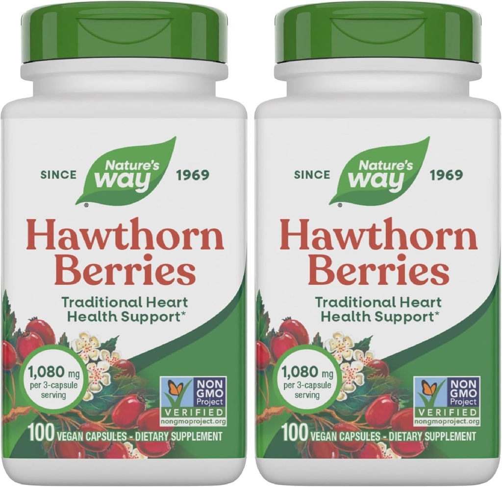 Nature 's Way Herbal Hawthorn Berries, Traditional Heart Health Support *, 100 Vegan Capsules (Packaging May Vary) (pakke af 2)