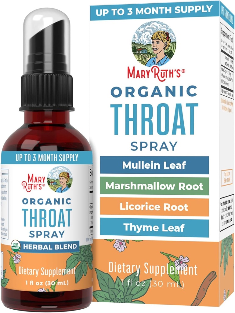 MaryRuth Organics USDA Organic Throat Spray med Mullein Leaf Budding- 124; Marshmallow Root & Licorice Root & Thyme Leaf - 124; 4 Herbal Blend - 124; Non- GMO - 124; Vegan - 124; Gluten Free - 124; 1 Fl Oz - 124; Op til 100 Servere