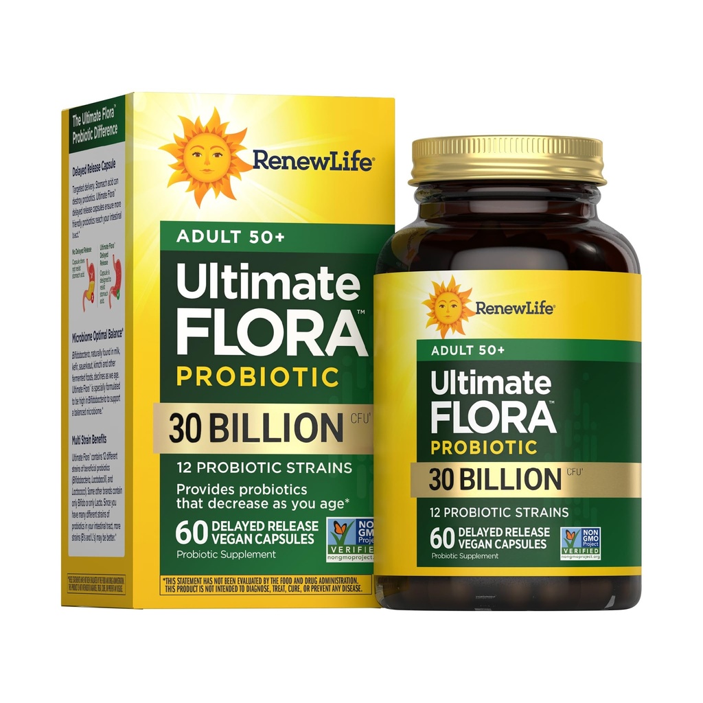 Renew Life Probiotic Voksen 50 Plus Probiotiske kapsler, Dagligt tillæg understøtter urinære, fordøjelses- og immunsundhed, L. Rhamnosus GG, Dairy, Soy og gluten- fri, 30 Millioner CFU, 60 Greve
