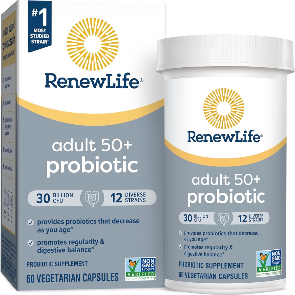 Renew Life Probiotic Voksen 50 Plus Probiotiske kapsler, Dagligt tillæg understøtter urinære, fordøjelses- og immunsundhed, L. Rhamnosus GG, Dairy, Soy og gluten- fri, 30 Millioner CFU, 60 Greve