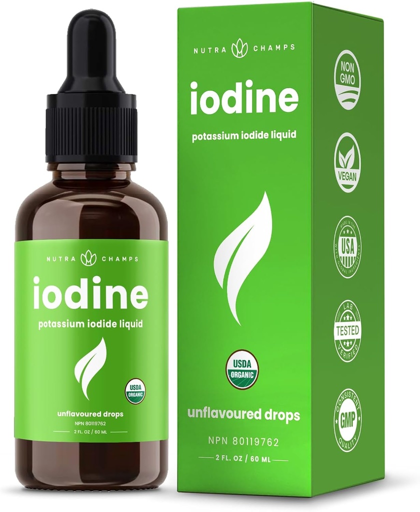 Organic Iodine Liquid Drops - 250 mcg Iodine Supplement for Women & Men - Potassium Iodide Solution 250 mcg - 590 Servings - Thyroid, Hormone & Metabolic Support - Non-GMO, Vegan NPN 80119762