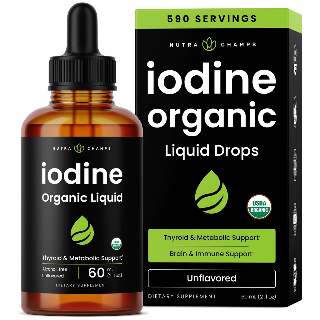 Organic Jod Liquid Drops - 250 mcg Jod Supplement for kvinder & mænd - Kalium Iodide Solution 250 mcg - 590 Servere - Thyroid, Hormone & Metabolic Support - Non- GMO, Vegan NPN 80119762