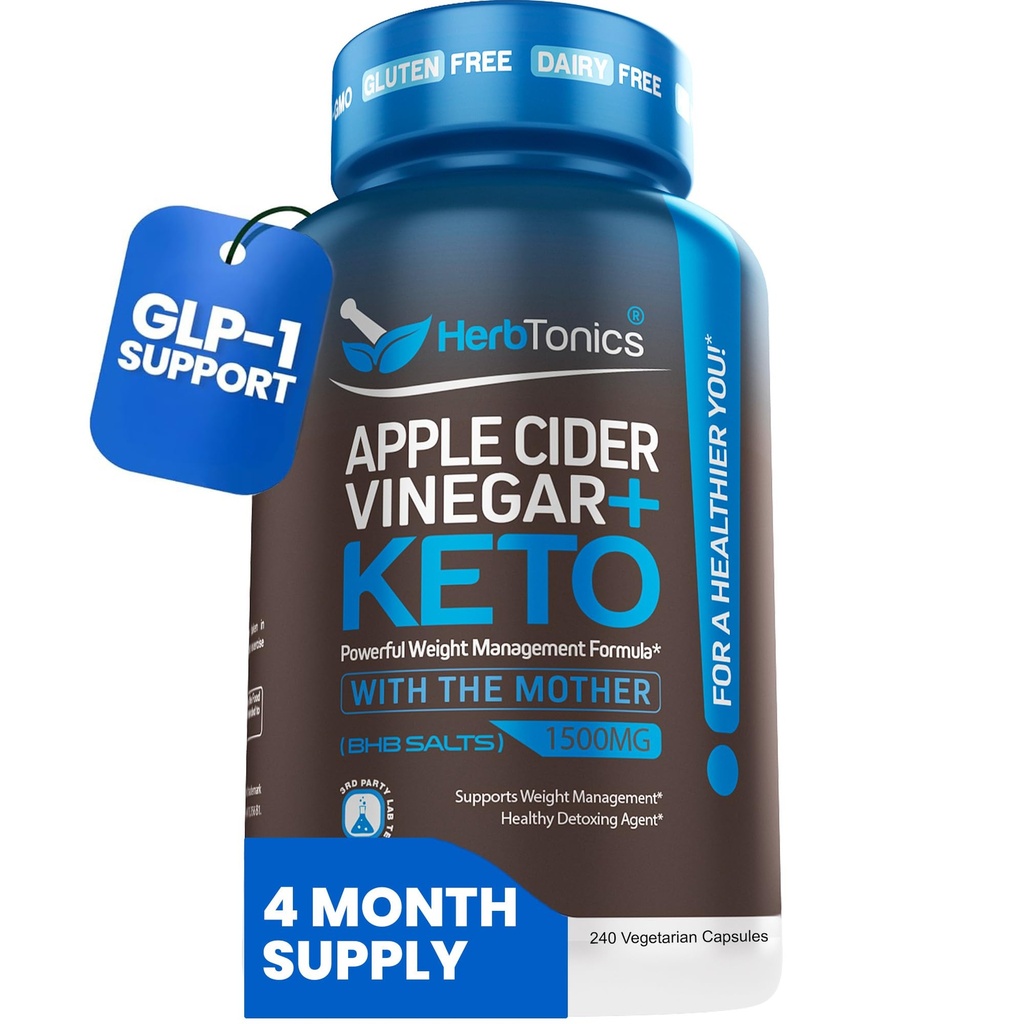 Herbtonics Apple Cider Vincils med Keto BSHB Salts - GLP-1 Support Supplement for Metabolisme og Appetite Control, 240 kapsler.