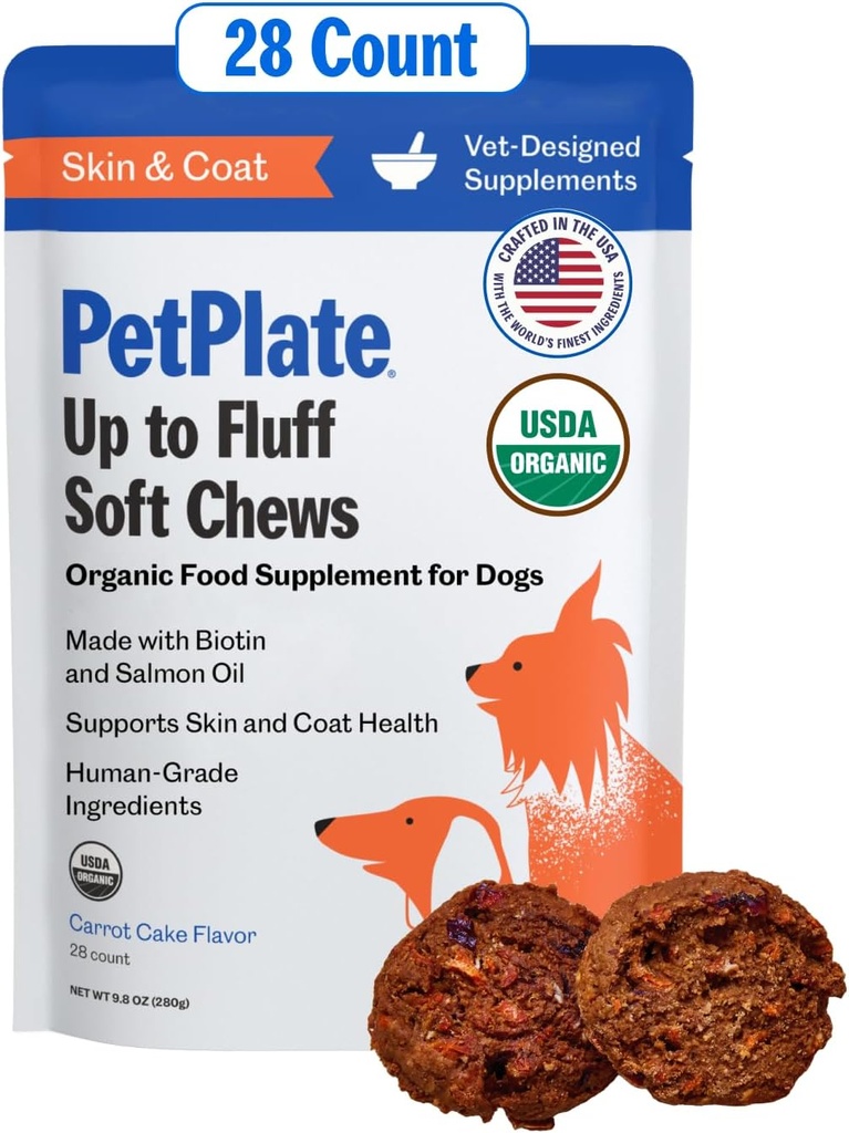 Petplate Up to Fluff Soft Chews for Dogs, Skin & Coat Support, USDA Organic Supplement, Grain- Free, Human- Grade, Inkluderer Salmon Oil and Biotin, Pet Supplies (Pack of 1, 9.8 Ounce)