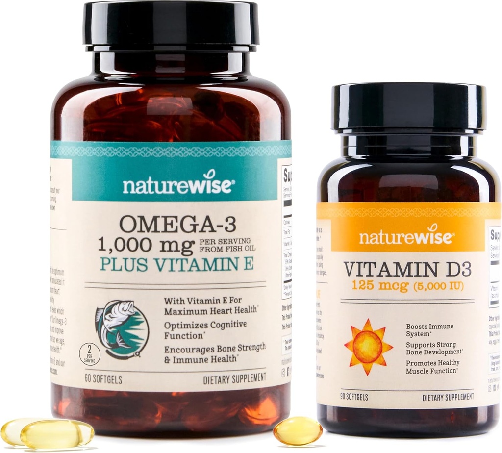 NatureWise High- Potency 1000mg Omega 3 med 600 mg EPA, 400mg DHA, & vitamin E & vitamin D3 5000iu (125 mcg) Sund muskelfunktion, og immunforsvar