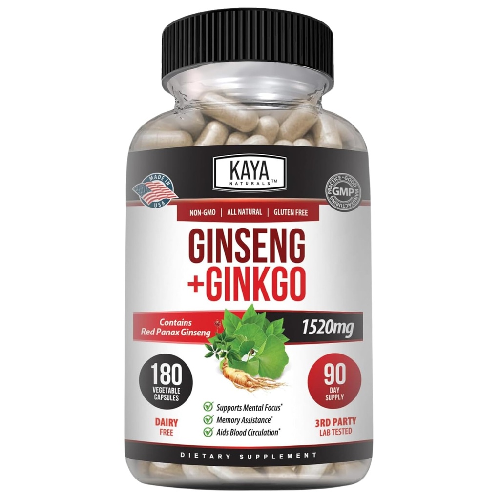Kaya Naturals Red Panax Ginseng + Ginkgo Biloba - Nootrop Brain Supplement - Kognitiv og koncentrering Support - Brain Booster, Fokus og hukommelse supplement - 180 kapsler