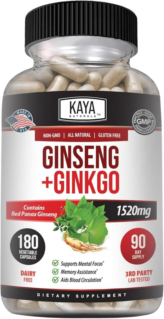 Kaya Naturals Red Panax Ginseng + Ginkgo Biloba - Nootrop Brain Supplement - Kognitiv og koncentrering Support - Brain Booster, Fokus og hukommelse supplement - 180 kapsler