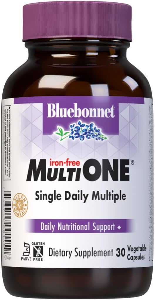 Bluebonnet Nutrition Multi ONE (Iron- Free), Daglig Nutritional Support *, Kosher Certified, Gluten- Free, Dairy- Free, Vegetarisk Friendly, 30 Vegetabilske kapsler, 30 Servering