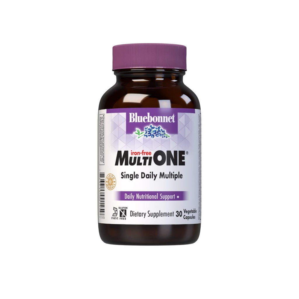 Bluebonnet Nutrition Multi ONE (Iron- Free), Daglig Nutritional Support *, Kosher Certified, Gluten- Free, Dairy- Free, Vegetarisk Friendly, 30 Vegetabilske kapsler, 30 Servering