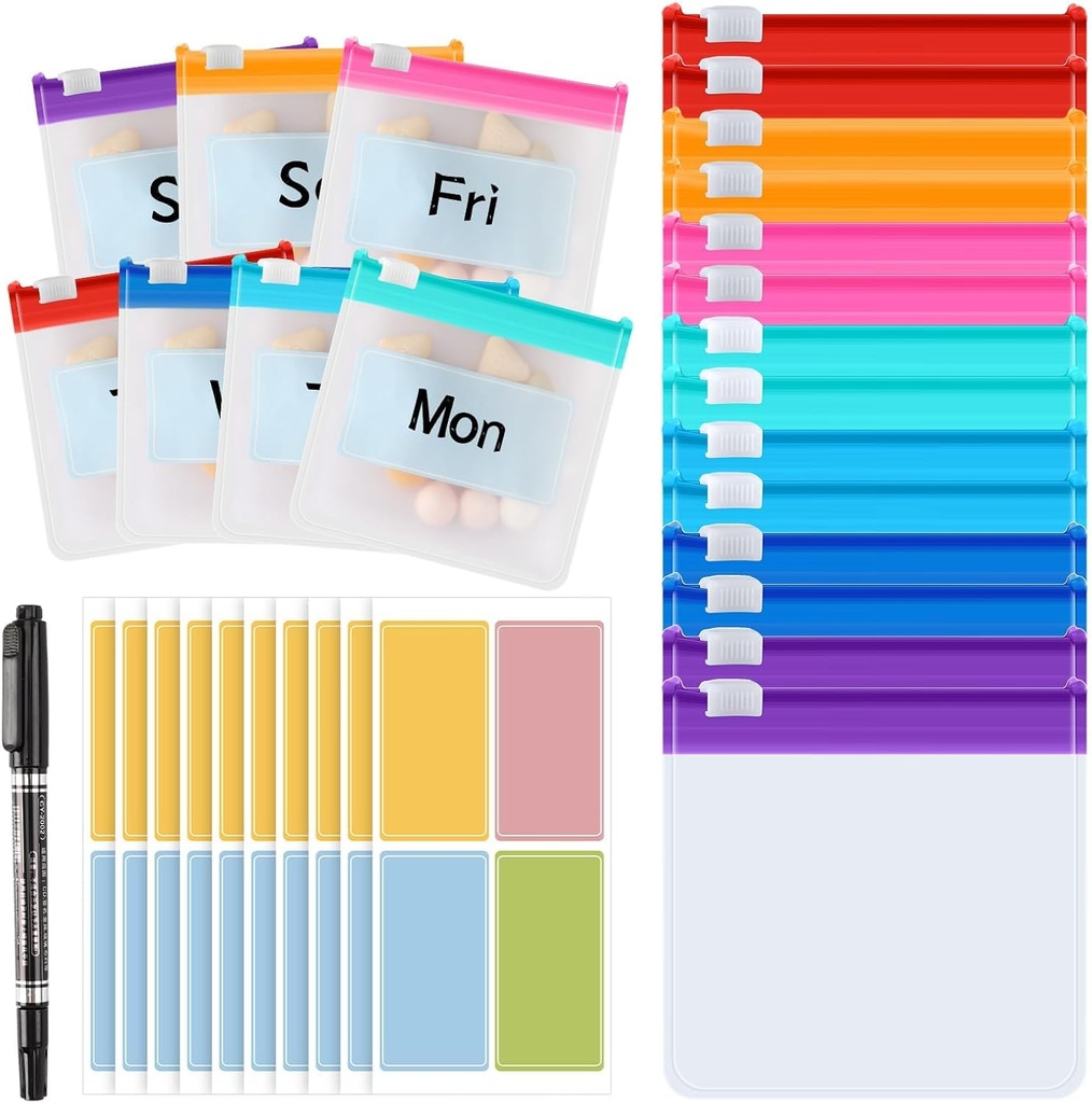 MARFOREVER 25 Pcs Pill Pouch Små Pill Tasker Genanvendelig Medicin Arrangør Pill Container Opbevaring Pill sag med Slide Lock 14 Pcs Plastic Medicin Tasker 10 Pcs Sheets Labels og en markør
