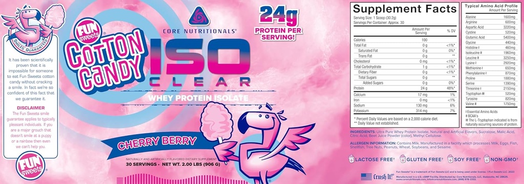 Core Nutritionals Iso Clear Whey Protein Isolate | Low Calorie, Carb, & Fat | Lactose Free & Easy to Digest | 24g Protein, Zero Sugar | 2 Pound (Fun Sweets Cherry Berry)