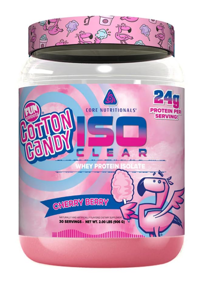 Core Nutritionals Iso Clear Whey Protein Isolate 124; Low Calorie, Carb, & Fat Measures 124; Lactose Free & Easy to Digest Measures 124; 24g Protein, Zero Sugar Measures 124; 2 Pund (Fun Sweets Cherry Berry)