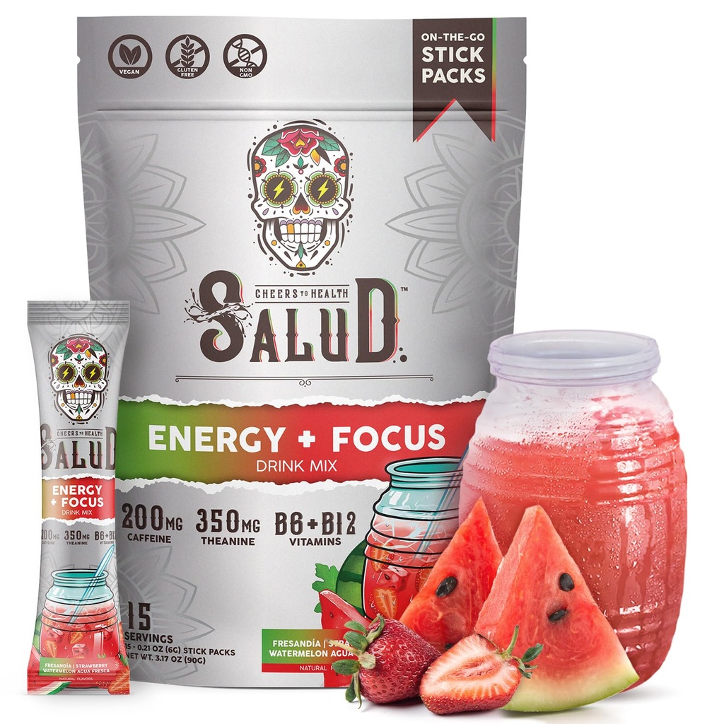Salud 2-in-1 Energy Drink Powder + Focus, Strawberry Watermelon, Organic Coffein, B6 + B12, Theanin, Clean Energy Drink Pacets, Fresandia Agua Fresca Mix, Non- GMO, Gluten Free, Vegan, 1g sukker, (15 Servere)