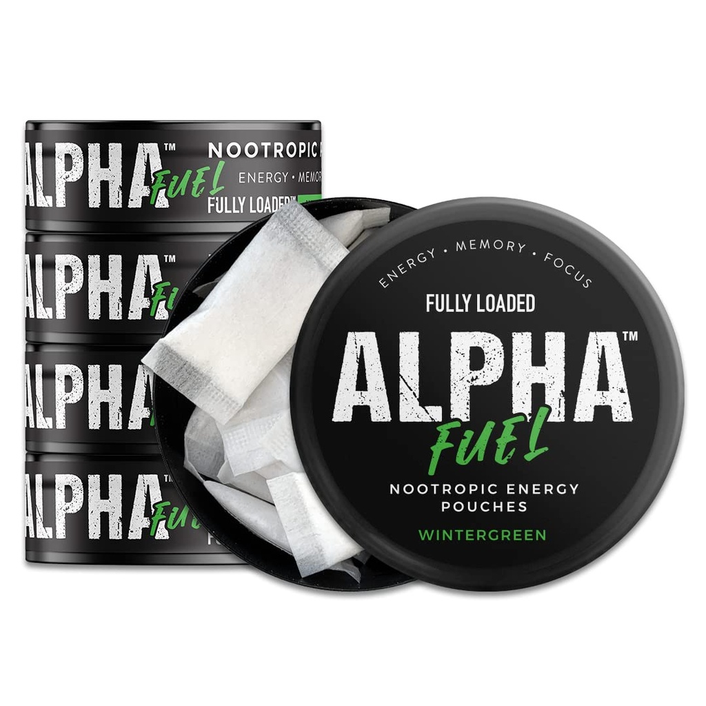 Fuldt lastet Alpha Brændstof Nootrop Pouches (Wintergreen Fuel) - Nootrop Energy Pouches med koffein, Alpha GPC, Tyrosine, Taurine, Guarana og mere
