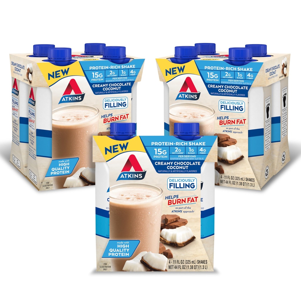 Atkins Creamy Chocolate Coconut Protein Shake, 15g Protein, 2g Net Carbs, 1g Sugar, Keto Friendly, 12 Greve