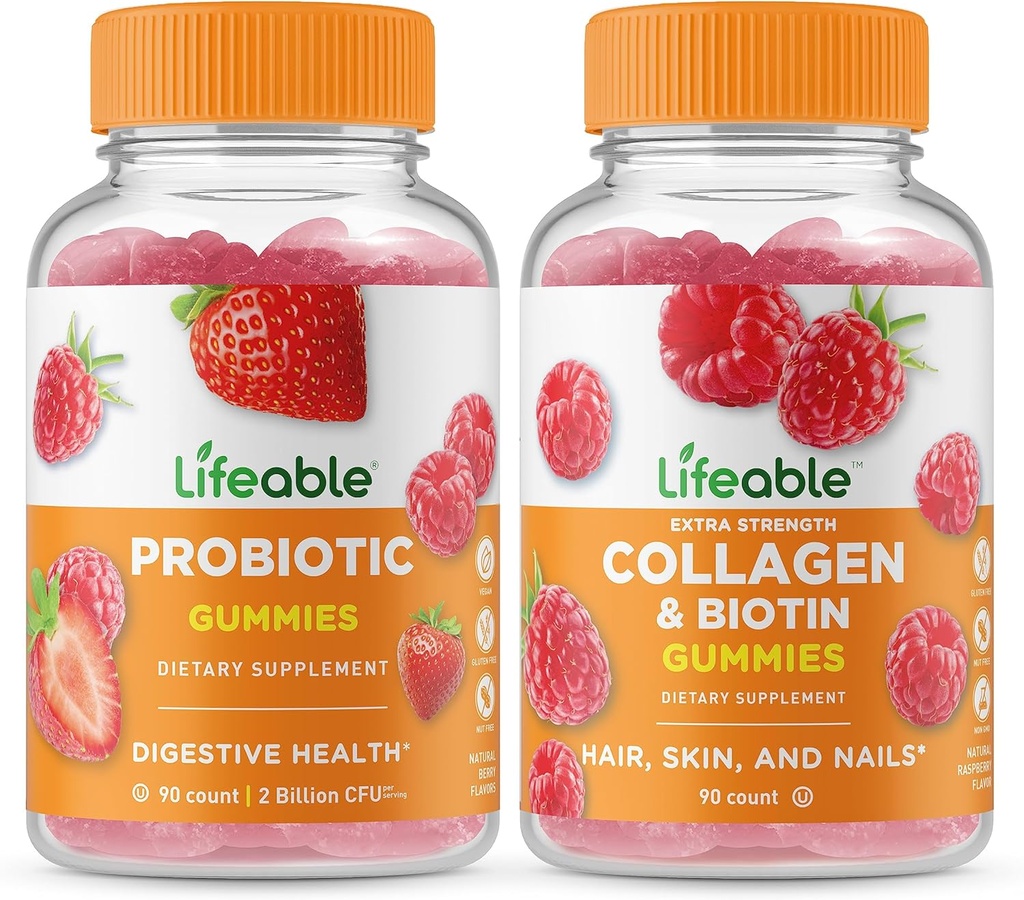 Lifeable Probiotic 2 Millioner CFU + Collagen & Biotin, Gummies Bundle - Great Tasting, Vitamin supplement, Gluten Free, GMO fri, Chewable Gummy