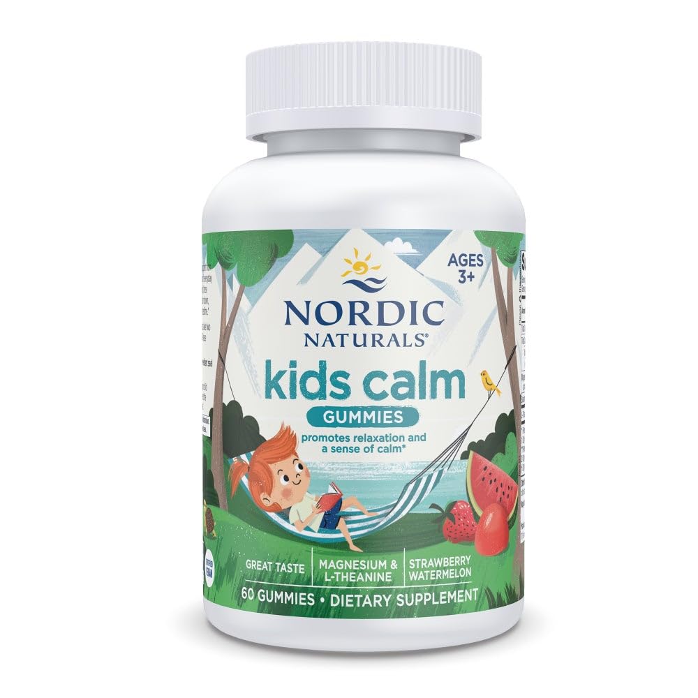 Nordic Naturals Kids Calm Gummies - Strawberry Watermelon - 60 Gummies - Magnesium L- Theanine Supplement - Calming for Kids - Afslapning Support - Op til 60 Servering